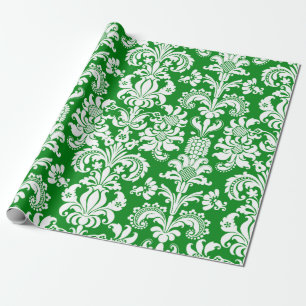 Elegante weiße florale Damastmuster auf grünem Hin Geschenkpapier