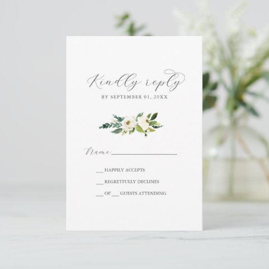 Elegante weiße, florale einfache RSVP-Karte RSVP Karte (Stehend Vorderseite)