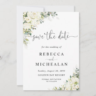 Elegante weiße florale Hochzeit - Termin merken Einladung
