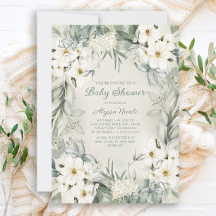 Elegante weiße florale Salbeigrüne Blätter Baby Sh Einladung