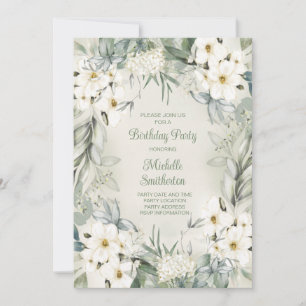 Elegante weiße florale Salbeigrüne Blätter Geburts Einladung