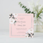 Elegante weiße, florale Silber Rahmen Rosa Hochzei Einladung (Stehend Vorderseite)
