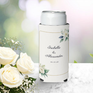 Elegante weiße florale und goldene Rahmen Hochzeit Selters Dosenkühler