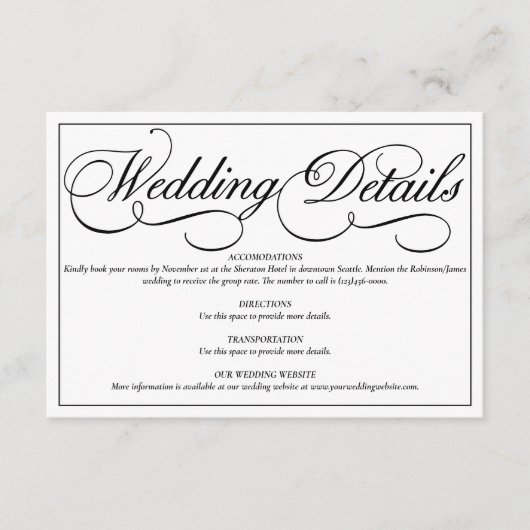 Elegante weiße formale Hochzeitskarte Begleitkarte (Vorderseite)