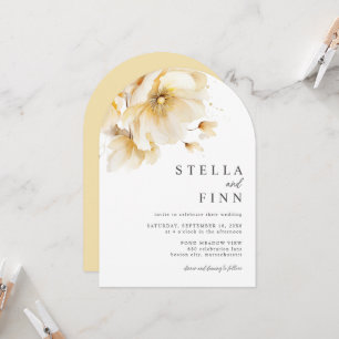 Elegante Weiße Gelbgold Blumen QR Code Hochzeit Einladung