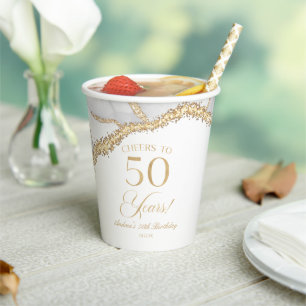 Elegante Weiße Gold-Achat 50. Geburtstagsfeier Pappbecher