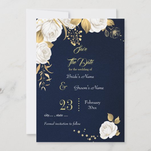 elegante, weiße Goldblumenmarine Save The Date (Vorderseite)