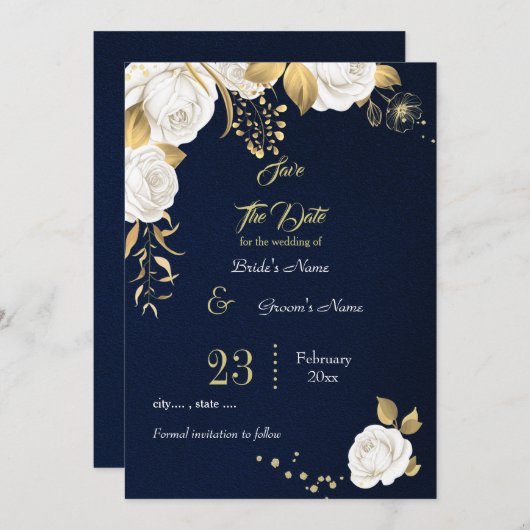 elegante, weiße Goldblumenmarine Save The Date (Vorne/Hinten)