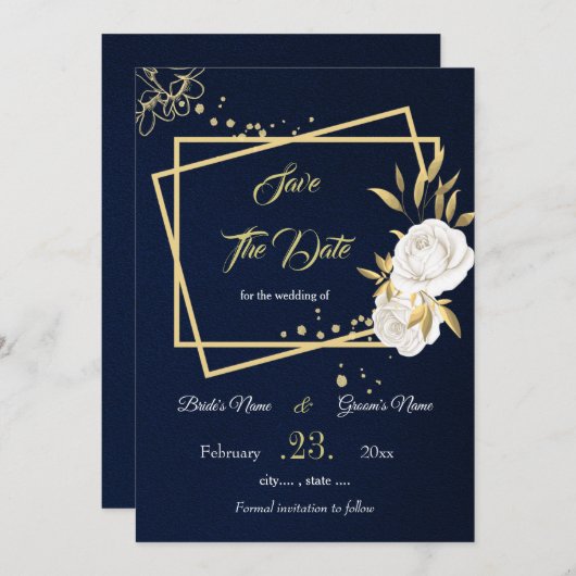 elegante, weiße Goldblumenmarine Save The Date (Vorne/Hinten)