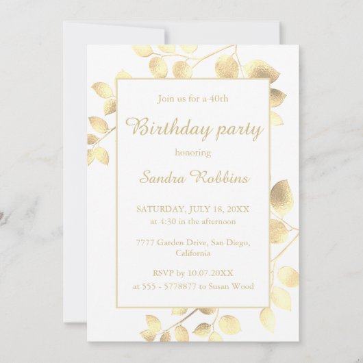 Elegante weiße goldene Blätter Geburtstagsfeier Einladung (Vorderseite)