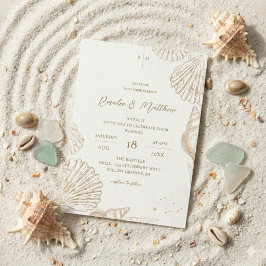 Elegante weiße Goldmuscheln Strandhochzeit Einladung