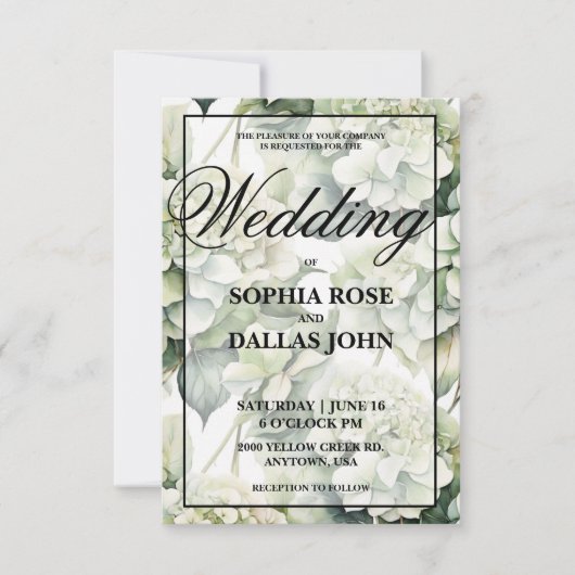 Elegante, weiße, grüne Hochzeit mit Blumen Einladung (Vorderseite)