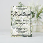 Elegante, weiße, grüne Hochzeit mit Blumen Einladung (Stehend Vorderseite)