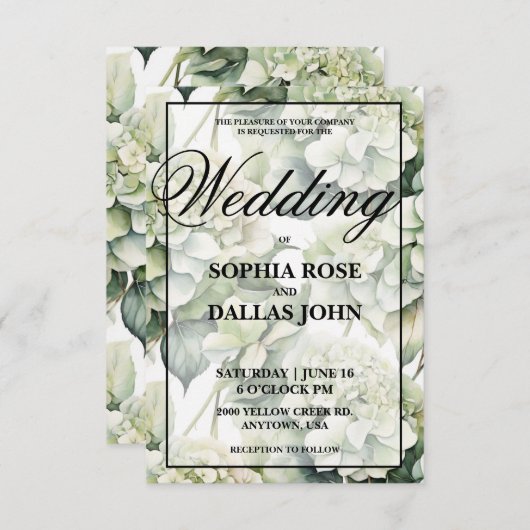 Elegante, weiße, grüne Hochzeit mit Blumen Einladung (Vorne/Hinten)