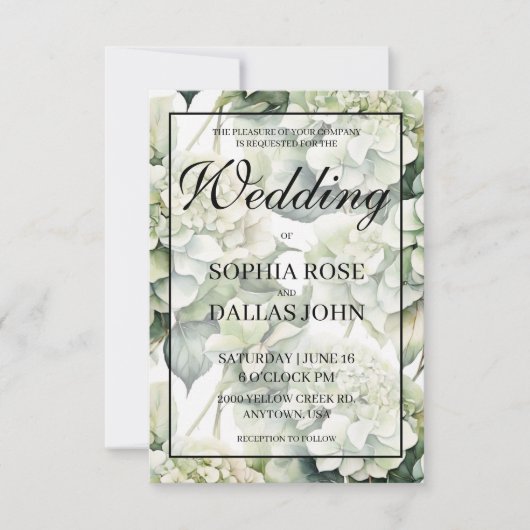 Elegante, weiße, grüne Hochzeit mit Blumen Einladung (Vorderseite)