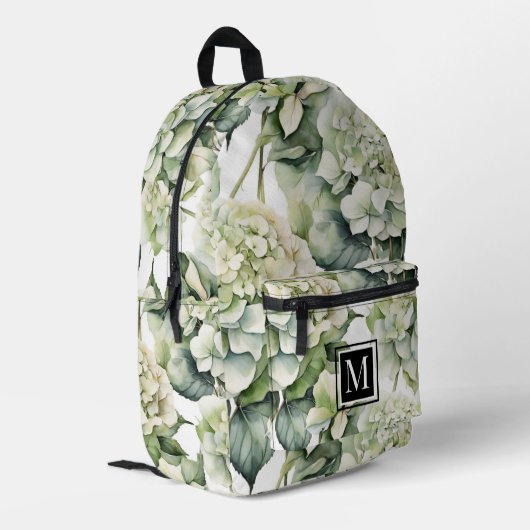 Elegante weiße, grüne Hydrangeas mit Blumen Bedruckter Rucksack (Rückseitige Ecke links)