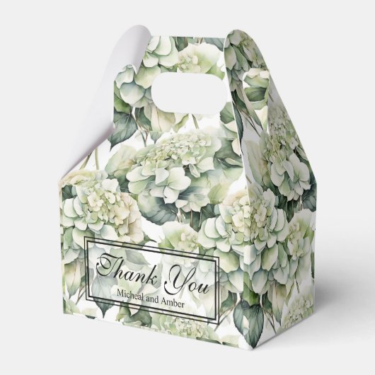 Elegante weiße, grüne Hydrangeas mit Blumen Geschenkschachtel (Vorderseite)