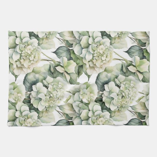 Elegante weiße, grüne Hydrangeas mit Blumen Geschirrtuch (Horizontal)