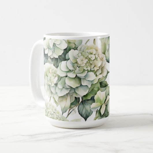 Elegante weiße, grüne Hydrangeas mit Blumen Kaffeetasse (Vorderseite Links)
