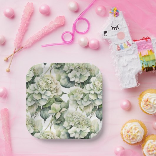 Elegante weiße, grüne Hydrangeas mit Blumen Pappteller (Party)