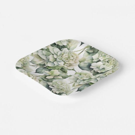 Elegante weiße, grüne Hydrangeas mit Blumen Pappteller (Gewinkelt)