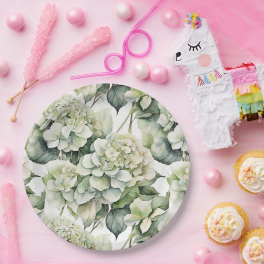 Elegante weiße, grüne Hydrangeas mit Blumen Pappteller (Party)