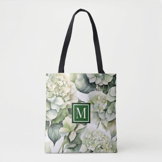 Elegante weiße, grüne Hydrangeas mit Blumen Tasche (Vorderseite)