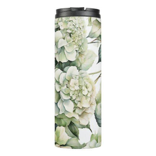Elegante weiße, grüne Hydrangeas mit Blumen Thermosbecher (Rückseite)