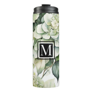 Elegante weiße, grüne Hydrangeas mit Blumen Thermosbecher
