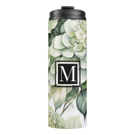 Elegante weiße, grüne Hydrangeas mit Blumen Thermosbecher (Vorderseite)