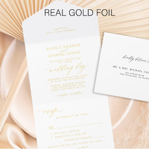 Elegante, weiße Hochzeitfolie aus Gold All-in-One-Einladung