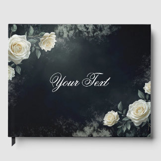 Elegante weiße Hochzeitsrosen auf schwarzem Hinter Gästebuch