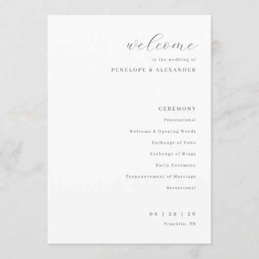Elegante weiße Hochzeitszeremonie Programm (Vorderseite)