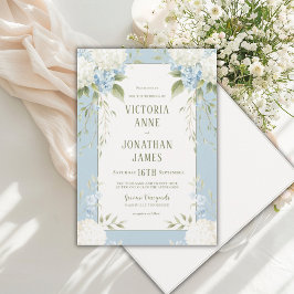 Elegante weiße Hortensien Blaue Blumenhochzeitsein Einladung