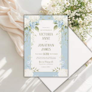 Elegante weiße Hortensien Blaue Blumenhochzeitsein Einladung
