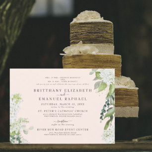 Elegante weiße Hortensien-Rosé-Hochzeit beider Elt Einladung