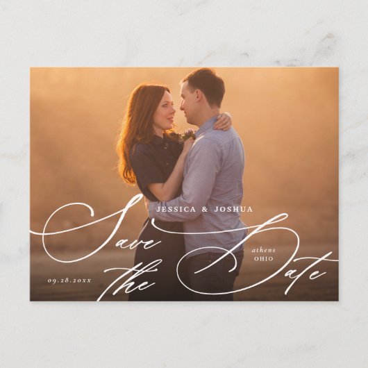 Elegante weiße Kalligraphie Save the Date Postkarte (Vorderseite)