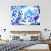 Elegante weiße Katze in einem zauberhaften Schneeg Leinwanddruck (Insitu (Schlafzimmer))
