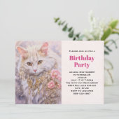 Elegante weiße Katze in Gold und Diamanten Geburts Einladung (Stehend Vorderseite)