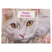 Elegante weiße Katze in Gold und Diamanten Geburts Große Geschenktüte (Rückseite)
