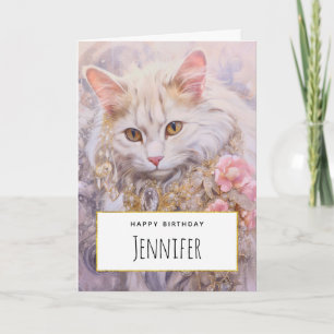 Elegante weiße Katze in Gold und Diamanten Geburts Karte