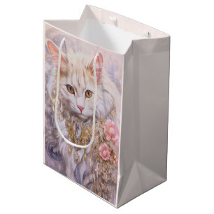Elegante weiße Katze in Gold und Diamanten Geburts Mittlere Geschenktüte