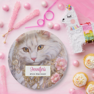 Elegante weiße Katze in Gold und Diamanten Geburts Pappteller