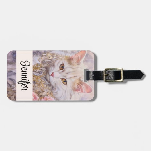 Elegante weiße Katze in Gold und Diamanten Gepäckanhänger (Vorderseite horizontal)