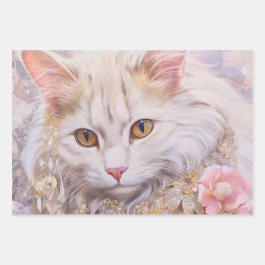 Elegante weiße Katze in Gold und Diamanten Geschenkpapier Set (Vorderseite 2)
