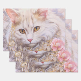 Elegante weiße Katze in Gold und Diamanten Geschenkpapier Set