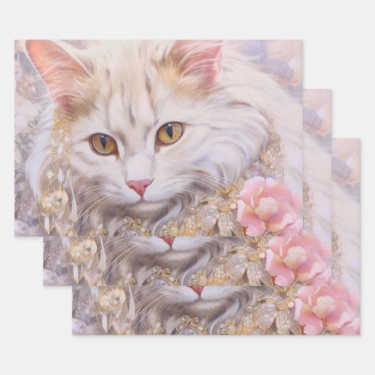 Elegante weiße Katze in Gold und Diamanten Geschenkpapier Set (Set)