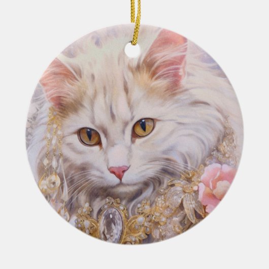 Elegante weiße Katze in Gold und Diamanten Keramik Ornament (Vorne)