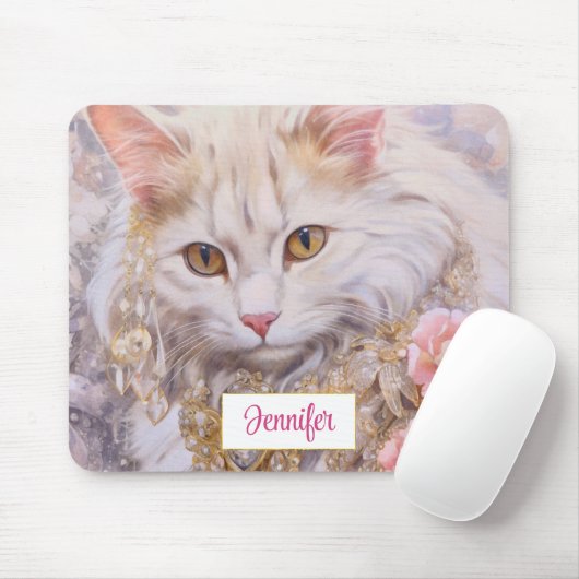 Elegante weiße Katze in Gold und Diamanten Mousepad (Mit Mouse)