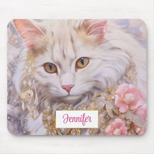 Elegante weiße Katze in Gold und Diamanten Mousepad (Vorne)